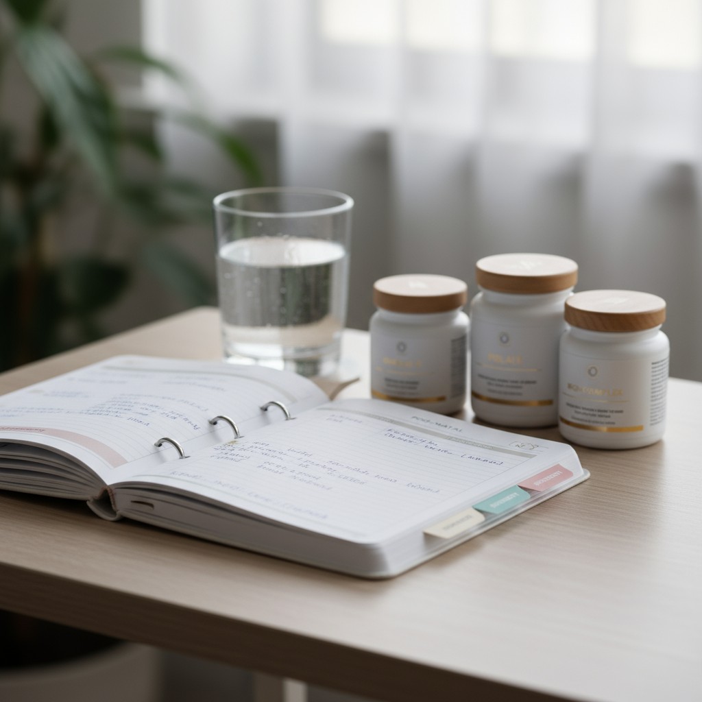 A close-up shot of an open planner and three white supplement bottles sitting nearby on a wooden table, evoking a central ...