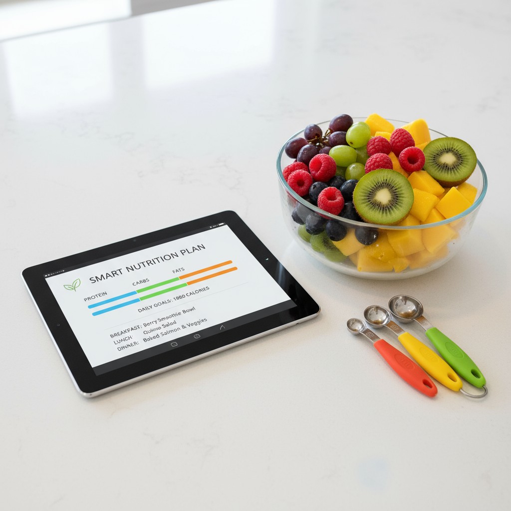 Here is the alt text you're asking for: Tablet displaying smart nutrition plan app, with bowl of fruit serving utensils.