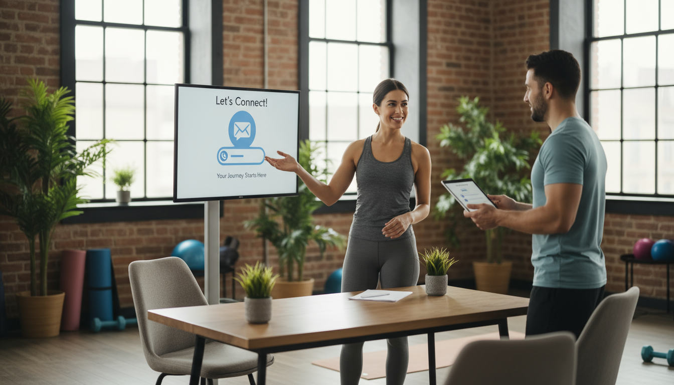 Add a welcoming contact-themed image that fits the style of a fitness or wellness page. Show people communicating or a studio environment relevant to fitness consultations.